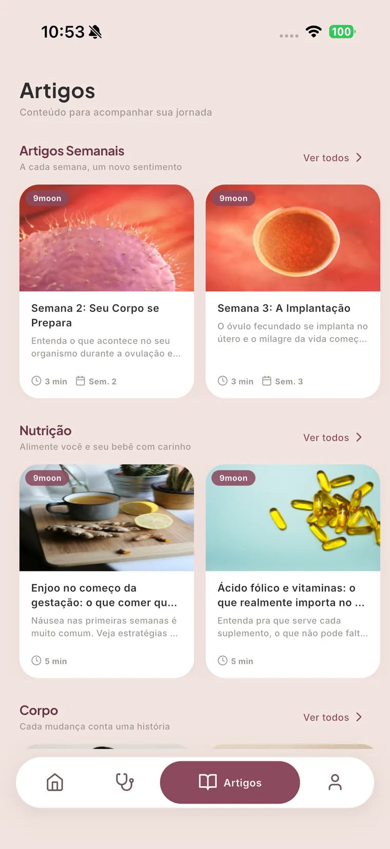 Biblioteca de artigos do 9moon com artigos semanais por semana gestacional e categorias como nutrição, cada card com tempo de leitura