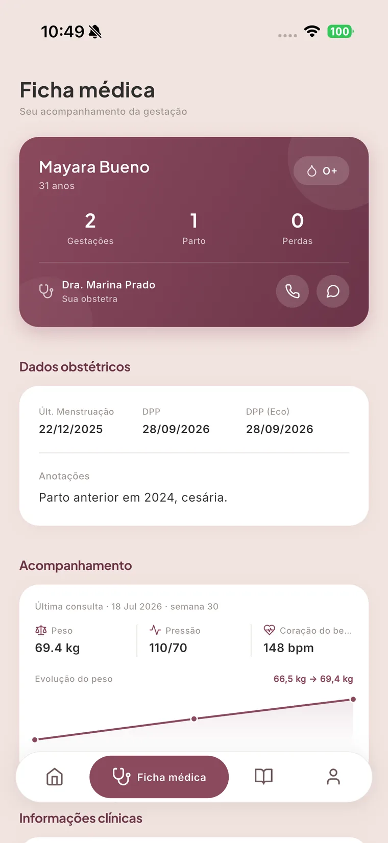 Ficha médica da gestante com histórico obstétrico, tipo sanguíneo, nome da obstetra e acompanhamento de peso e pressão com gráfico